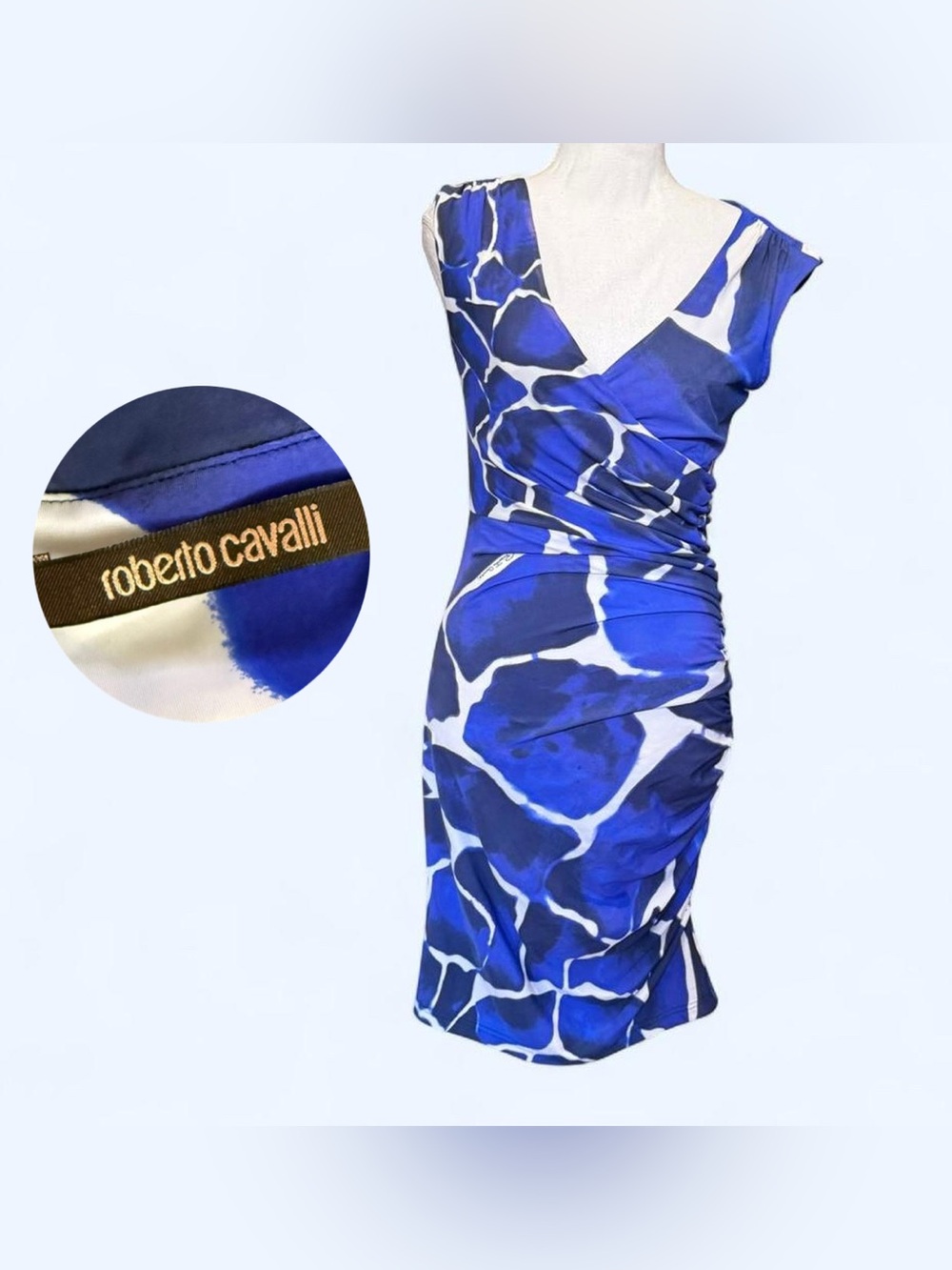 💙✨ Roberto Cavalli Blue Abstract Ruched Dress ✨💙